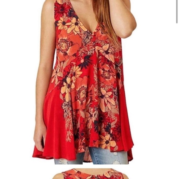 FREE PEOPLE Backyard Party Mini Dress Tunic Sleeveless Bright Red Swing Small - Picture 3 of 7